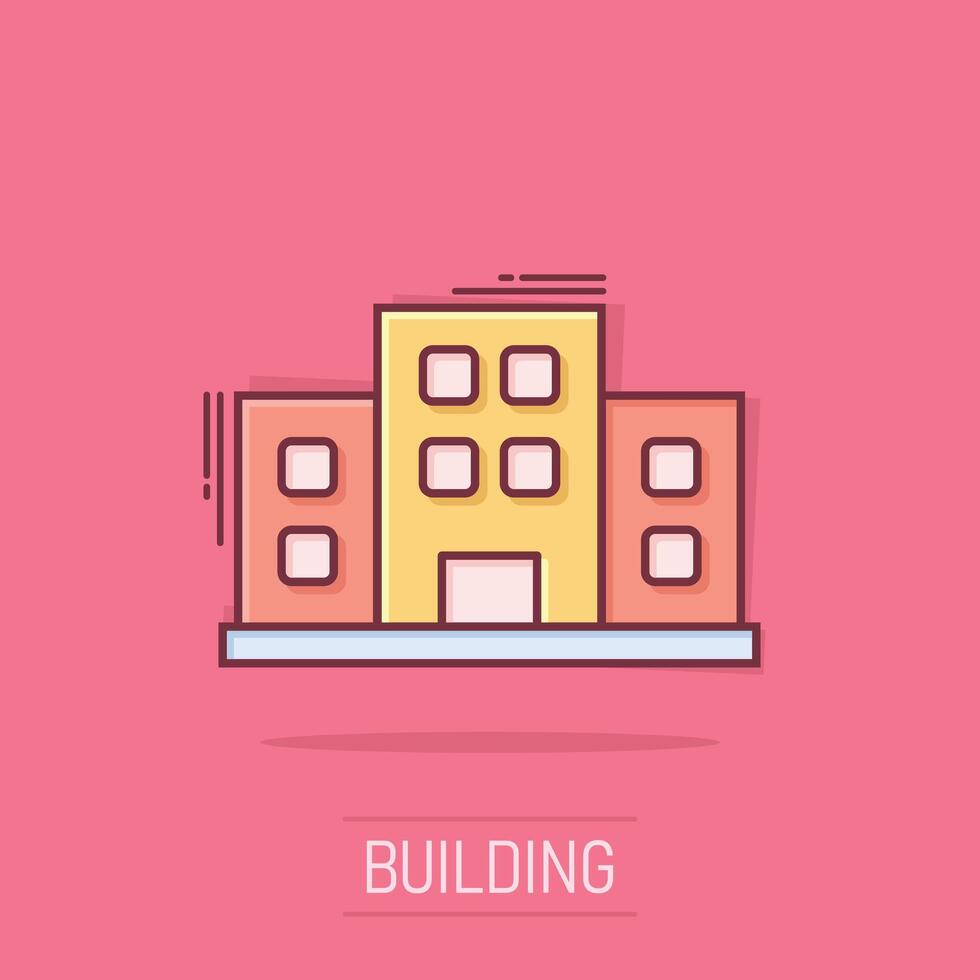 Bürogebäude-Schild-Symbol im Comic-Stil. wohnungskarikaturvektorillustration auf lokalisiertem hintergrund. Architektur-Splash-Effekt-Geschäftskonzept. vektor