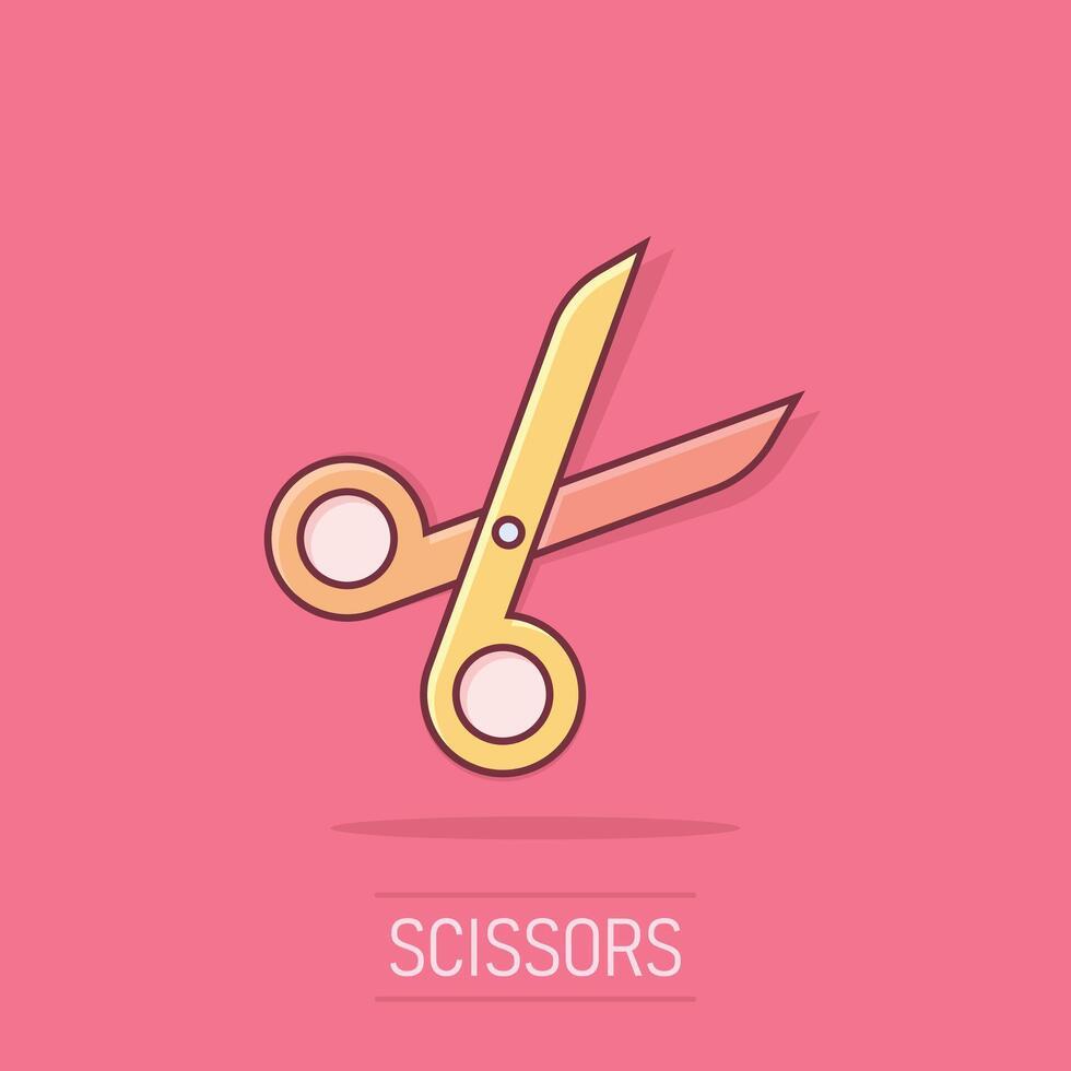 scissor ikon i komisk stil. skära Utrustning tecknad serie vektor illustration på isolerat bakgrund. fräs stänk effekt företag begrepp.