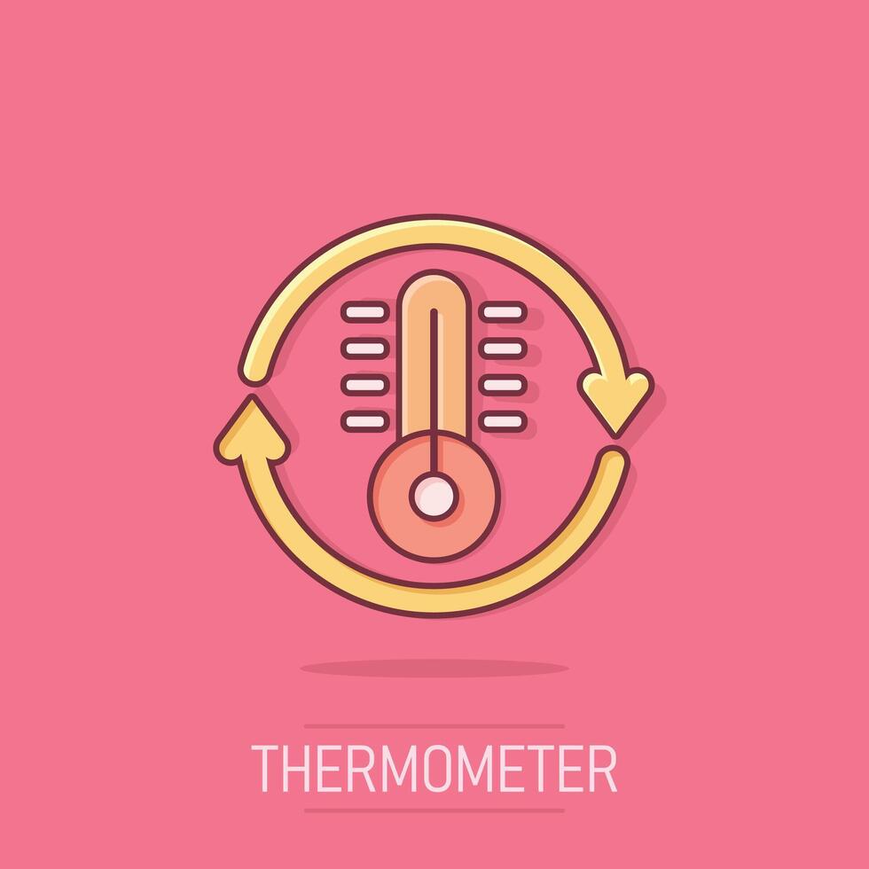 termometer klimat kontrollera ikon i komisk stil. meteorologi balans tecknad serie vektor illustration på isolerat bakgrund. varm, kall temperatur stänk effekt företag begrepp.