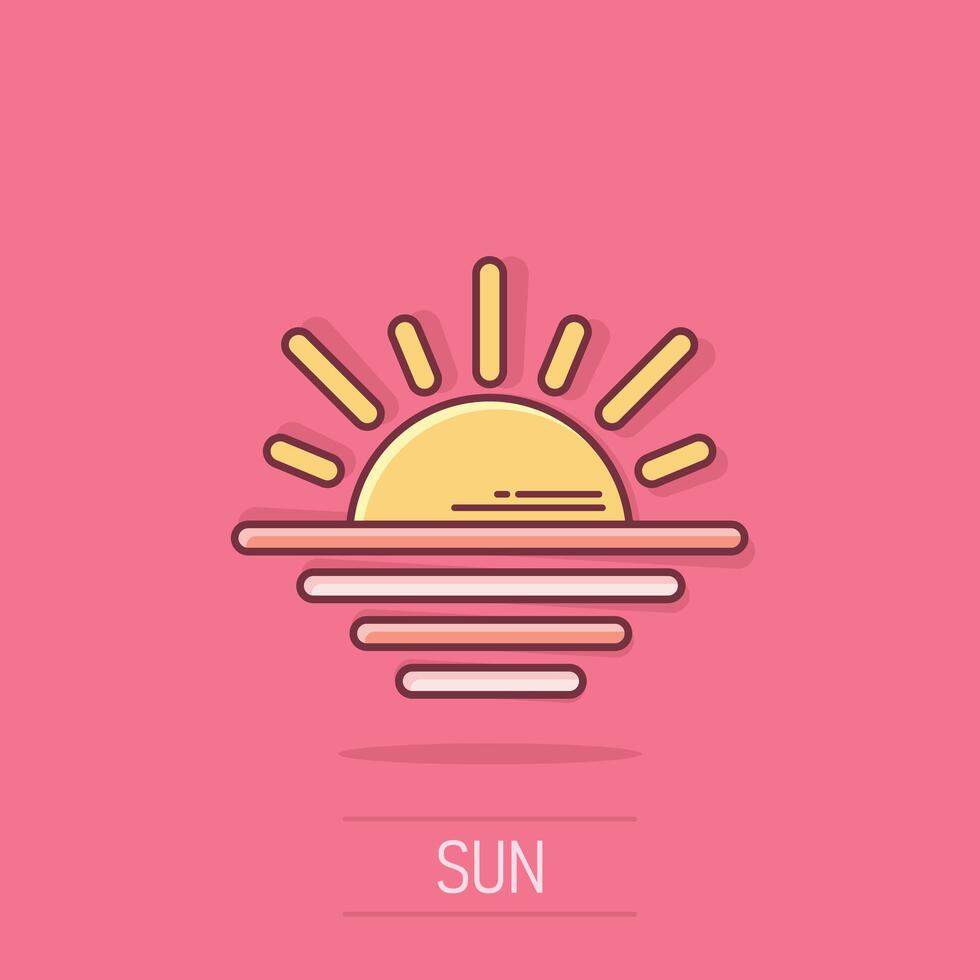 Sonne Symbol im Comic Stil. Sonnenlicht Karikatur Zeichen Vektor Illustration auf isoliert Hintergrund. Tageslicht Spritzen bewirken Geschäft Konzept.