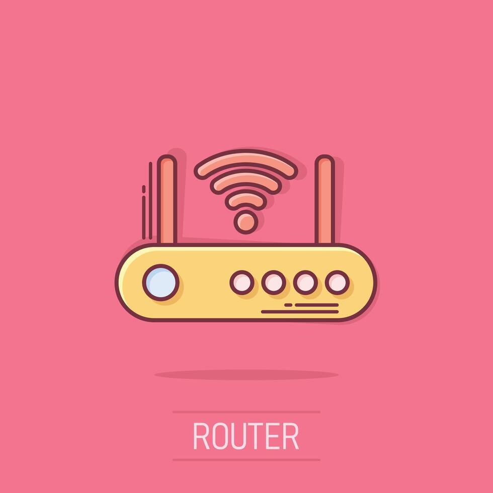 W-lan Router Symbol im Comic Stil. Breitband Karikatur Vektor Illustration auf isoliert Hintergrund. Internet Verbindung Spritzen bewirken Geschäft Konzept.