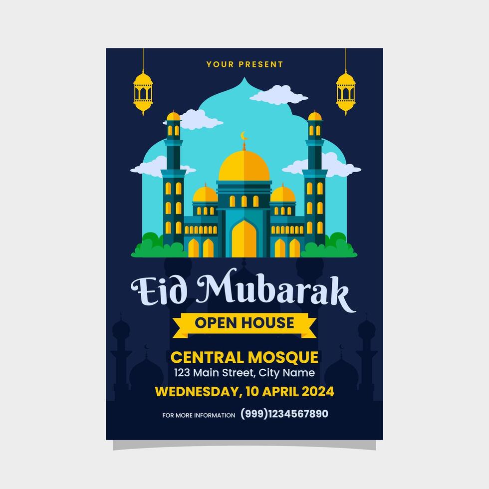 eid mubarak flygblad, affisch för öppen hus med moské illustration design mall vektor