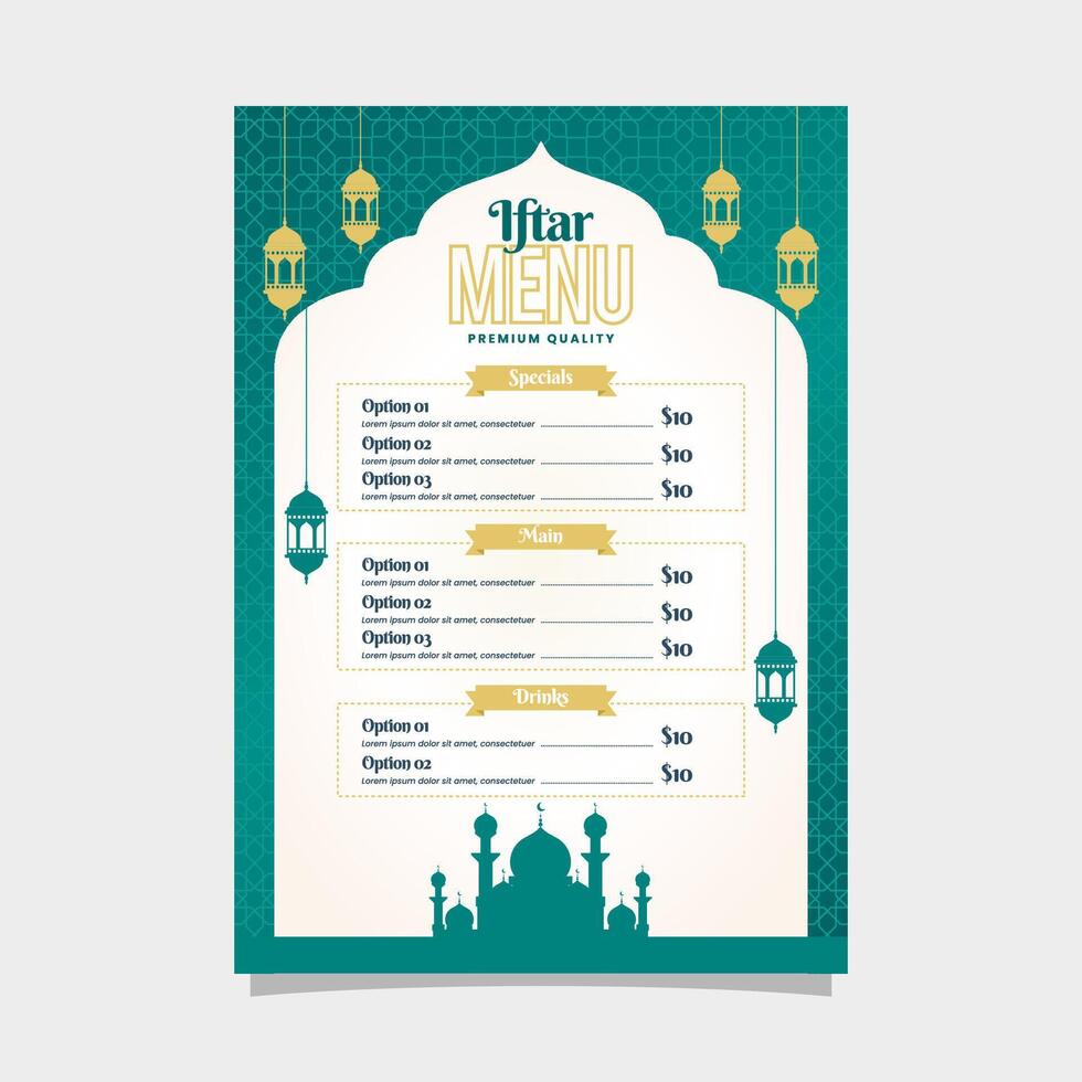 iftar Speisekarte Vorlage im Grün islamisch Hintergrund Design, gut Vorlage zum Restaurant Speisekarte Design. vektor