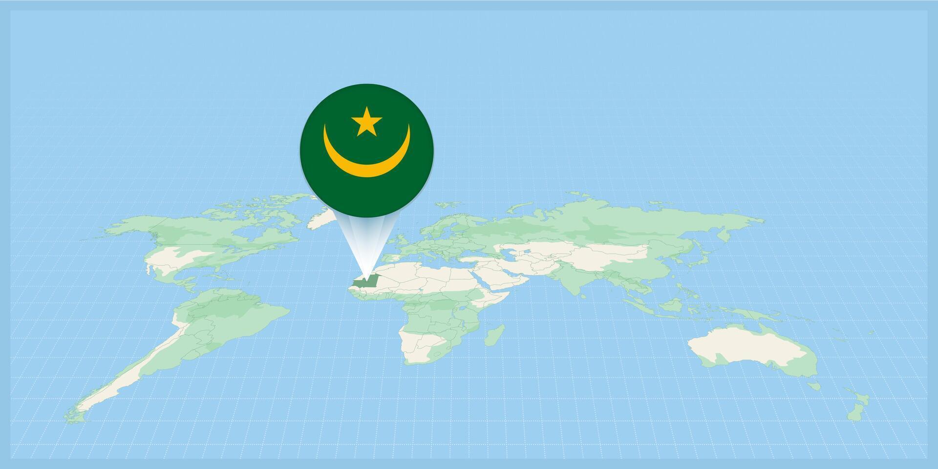 plats av mauretanien på de värld Karta, markant med mauretanien flagga stift. vektor