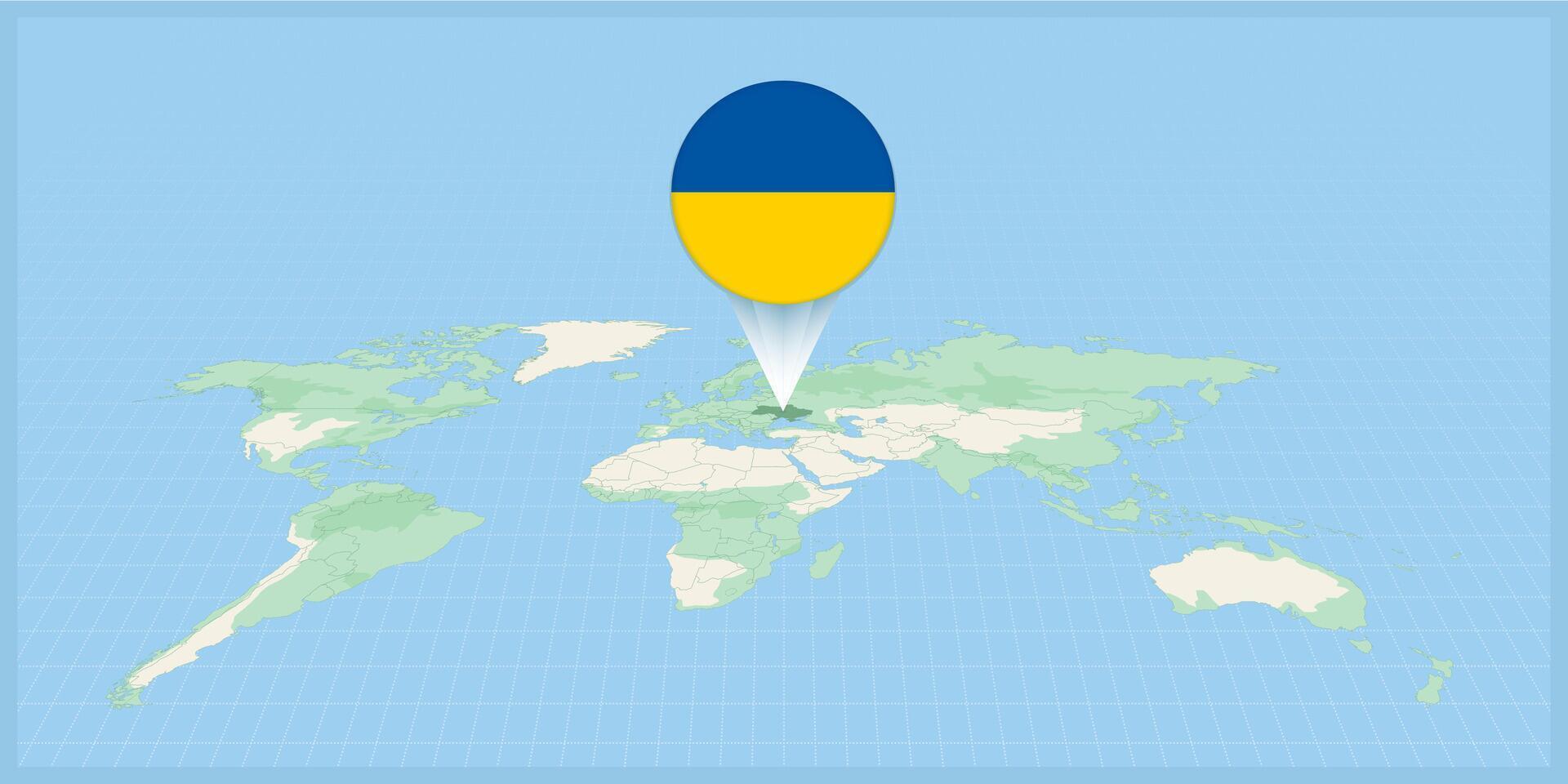 plats av ukraina på de värld Karta, markant med ukraina flagga stift. vektor