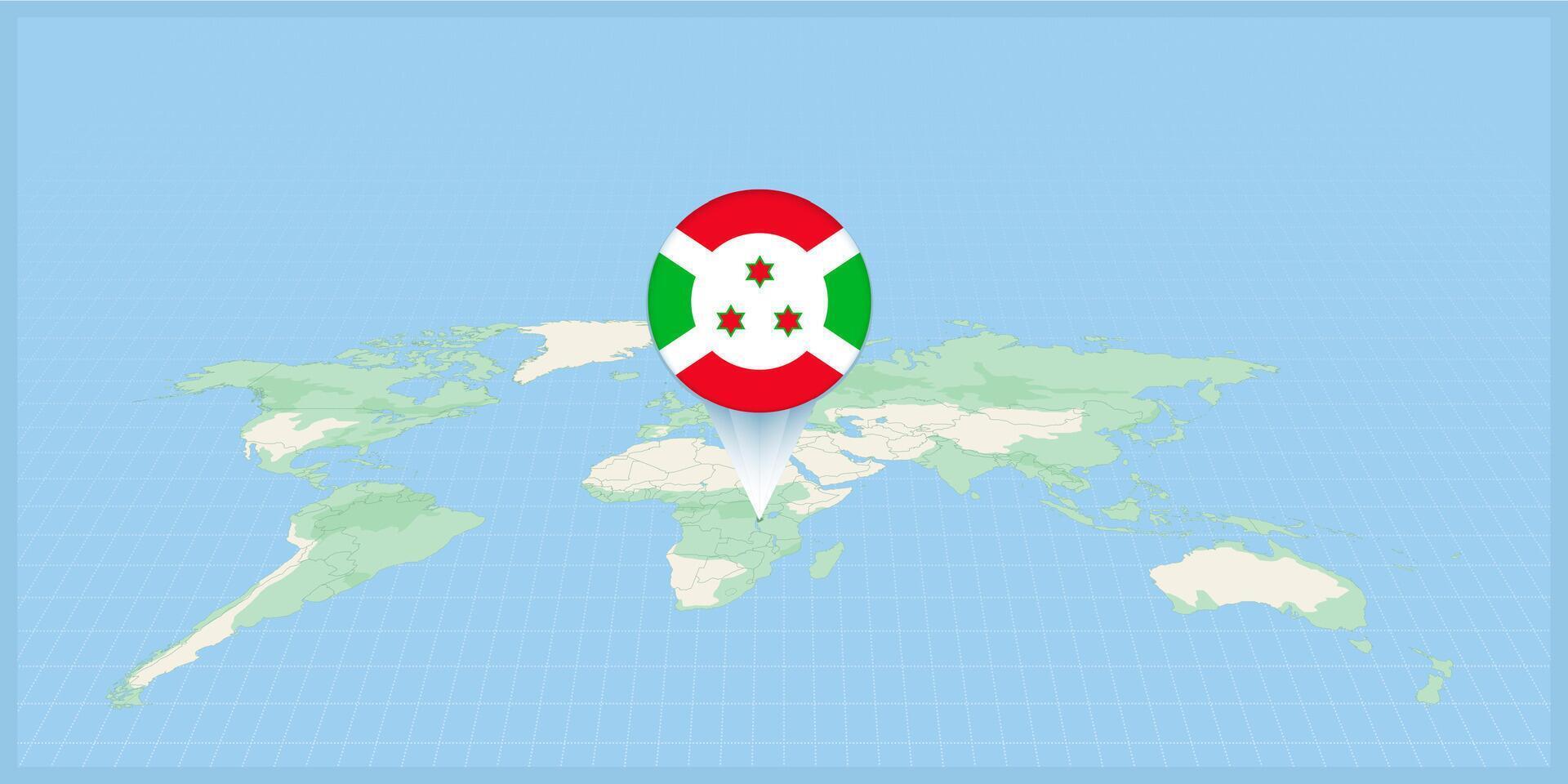 Ort von Burundi auf das Welt Karte, markiert mit Burundi Flagge Stift. vektor