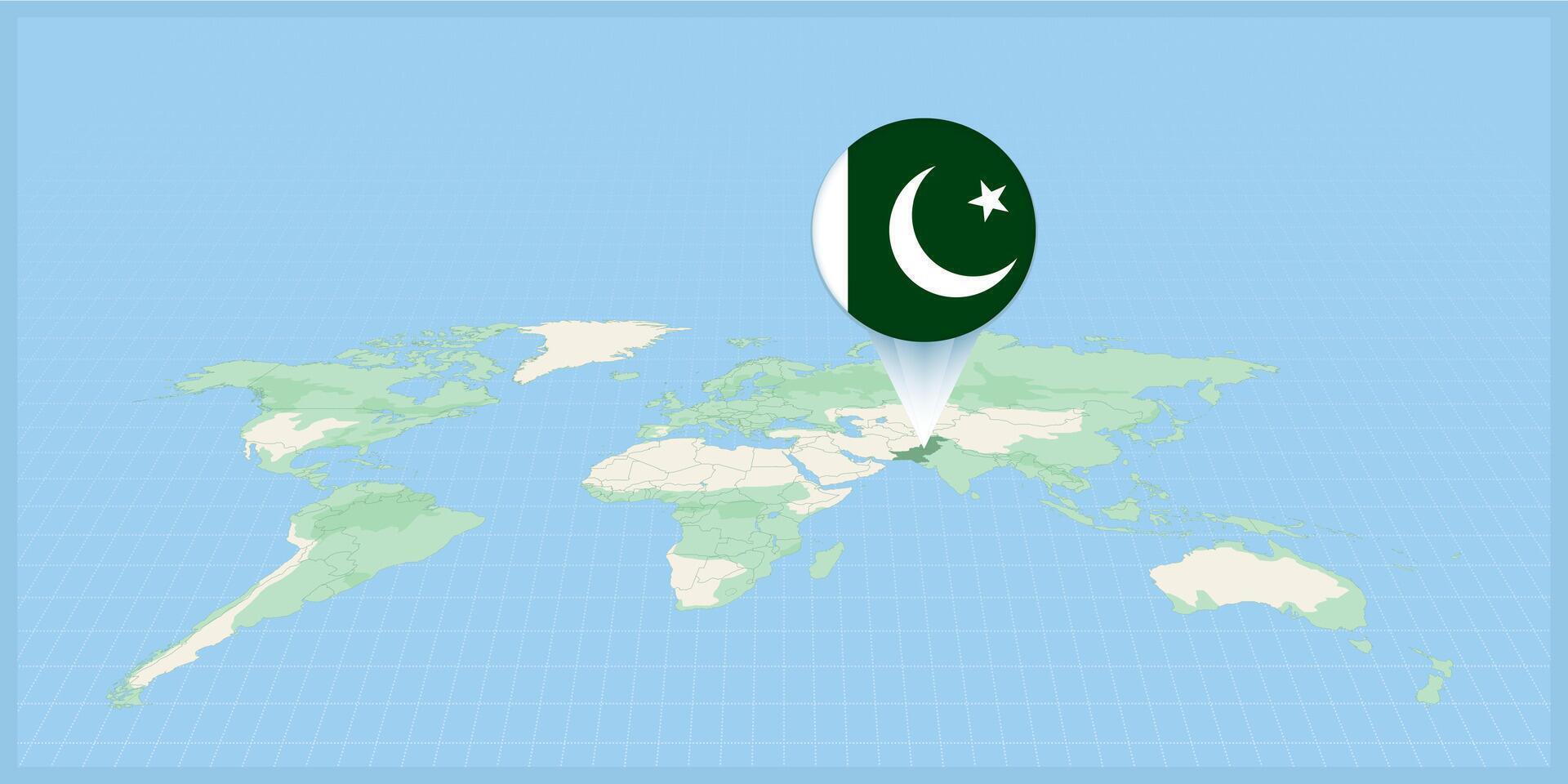 plats av pakistan på de värld Karta, markant med pakistan flagga stift. vektor
