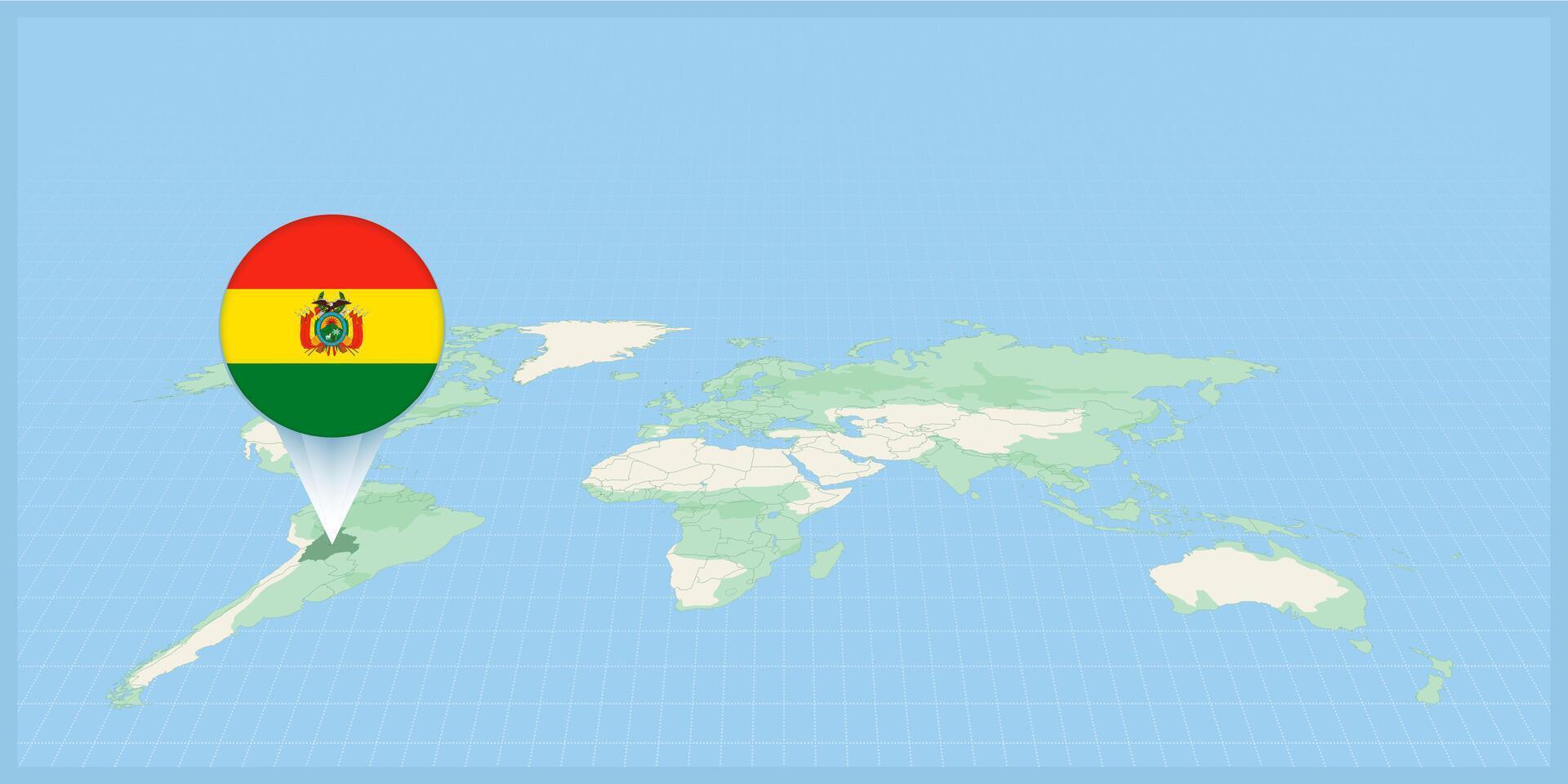 Ort von Bolivien auf das Welt Karte, markiert mit Bolivien Flagge Stift. vektor
