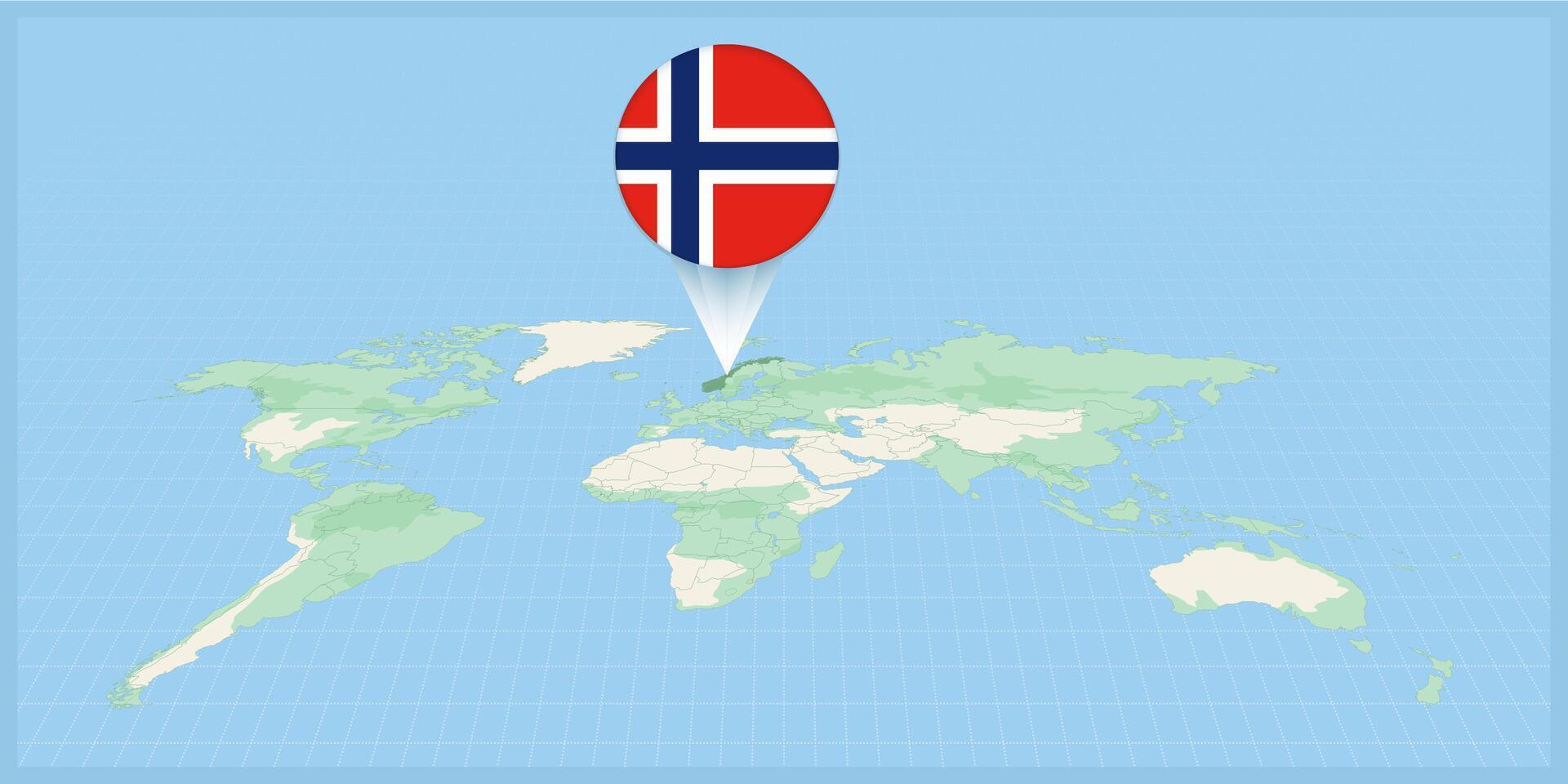 plats av Norge på de värld Karta, markant med Norge flagga stift. vektor