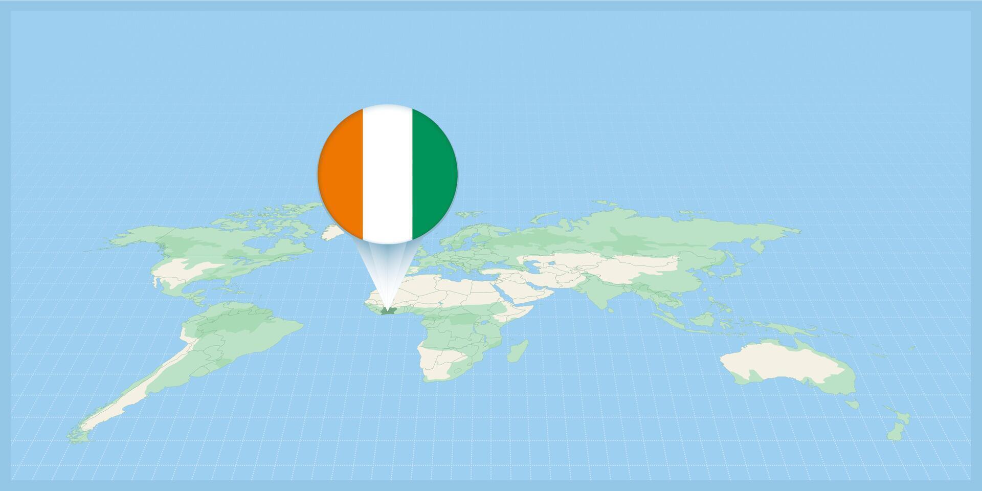 Ort von Elfenbein Küste auf das Welt Karte, markiert mit Elfenbein Küste Flagge Stift. vektor