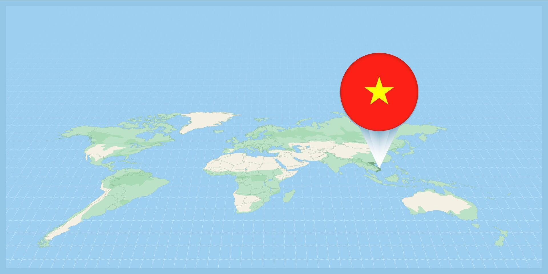 plats av vietnam på de värld Karta, markant med vietnam flagga stift. vektor