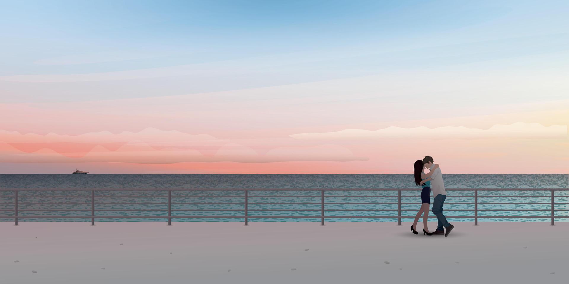 Paar von Liebhaber küssen beim Strand mit Vanille Himmel Hintergrund Vektor Illustration. Schatz Flitterwochen Konzept haben leer Raum.