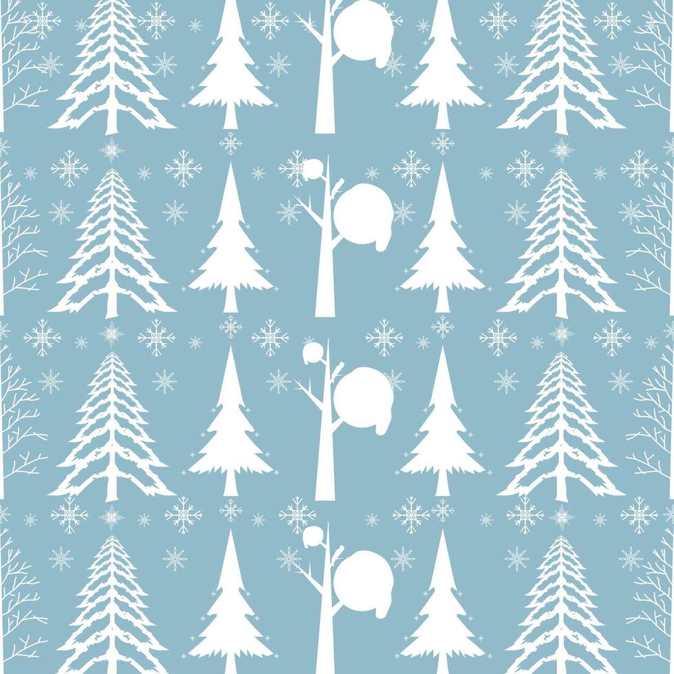 sömlös mönster med vinter- träd och chistmas träd mönster, med snö på den och uppsättning av vinter- träd på blå bakgrund vektor