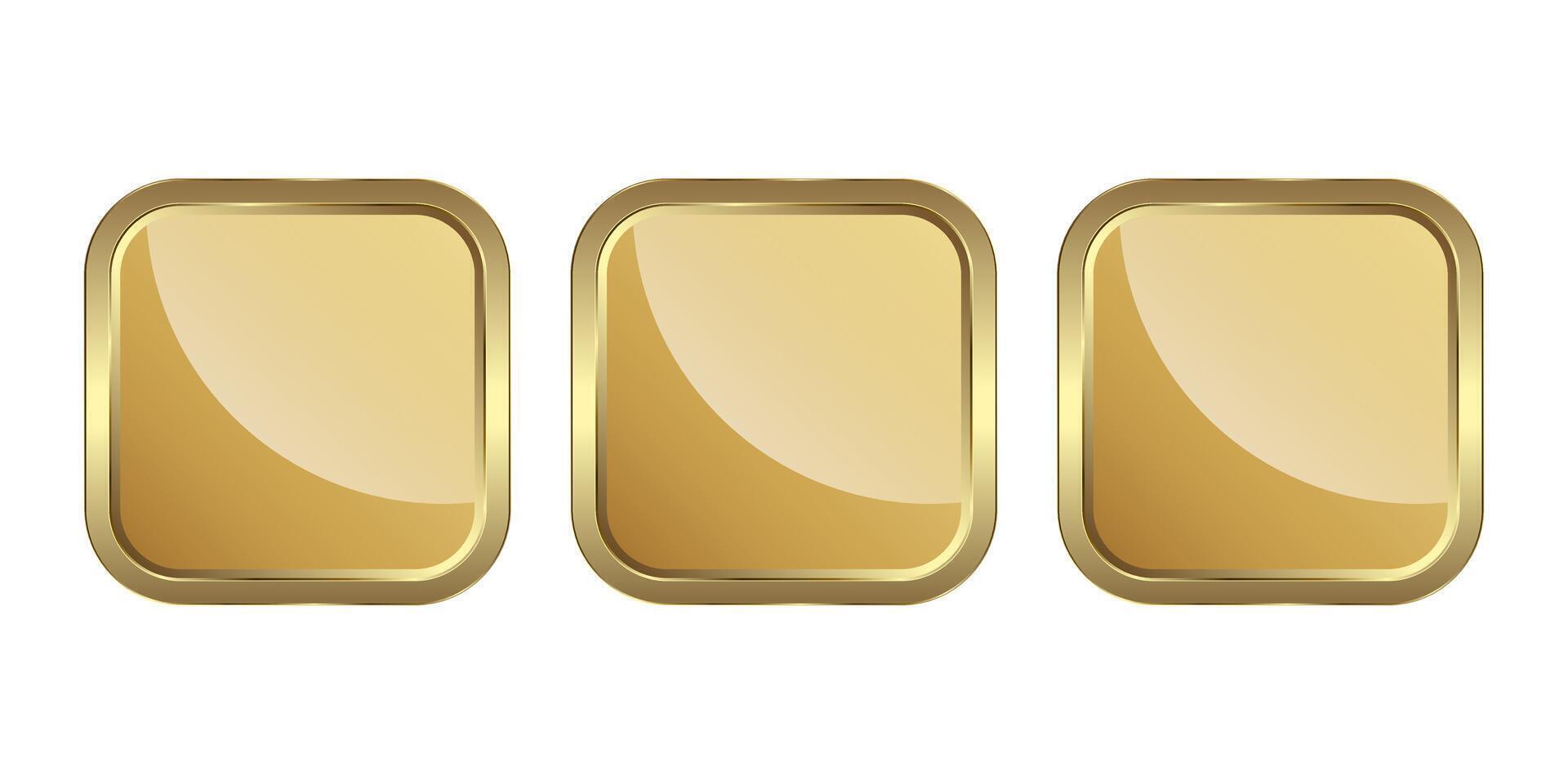 einstellen von drei Gold Rechteck Tasten isoliert auf Weiß Hintergrund Luxus Gold Symbol isoliert Weiß. Vektor Illustration. Gold Rechteck gestalten Symbol, Prämie Taste auf Weiß Hintergrund