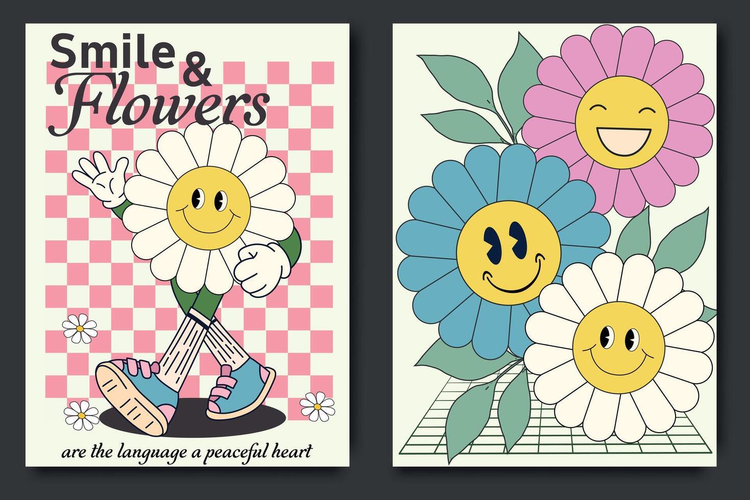 groovig 70er Jahre Plakate mit ein süß Blume Karikatur Charakter. Comic Zeichen im modisch retro 60er Jahre 70er Jahre Stil. 70er Jahre retro inspirierend Poster mit Jahrgang groovig Typografie mit Gänseblümchen Blumen, Smiley Gesicht vektor