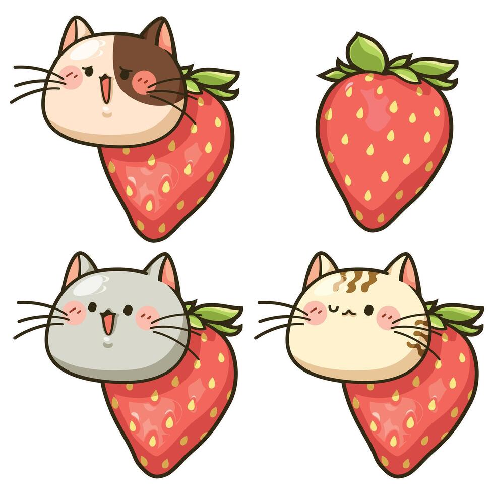 tecknad serie söt ansikte katt med jordgubb vektor