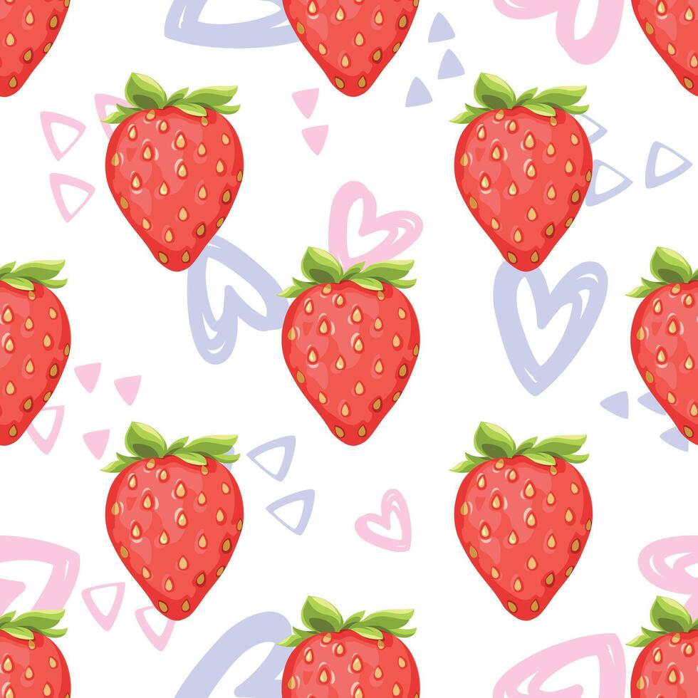 sömlös mönster jordgubb frukt och hand dragen hjärta vektor