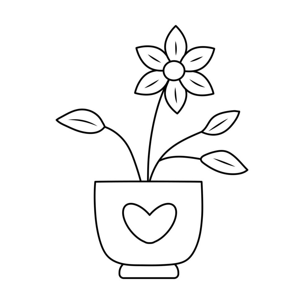 Gekritzel Blume im ein Topf mit Herz. süß dekorativ inländisch Zimmerpflanze. Vektor linear Illustration.
