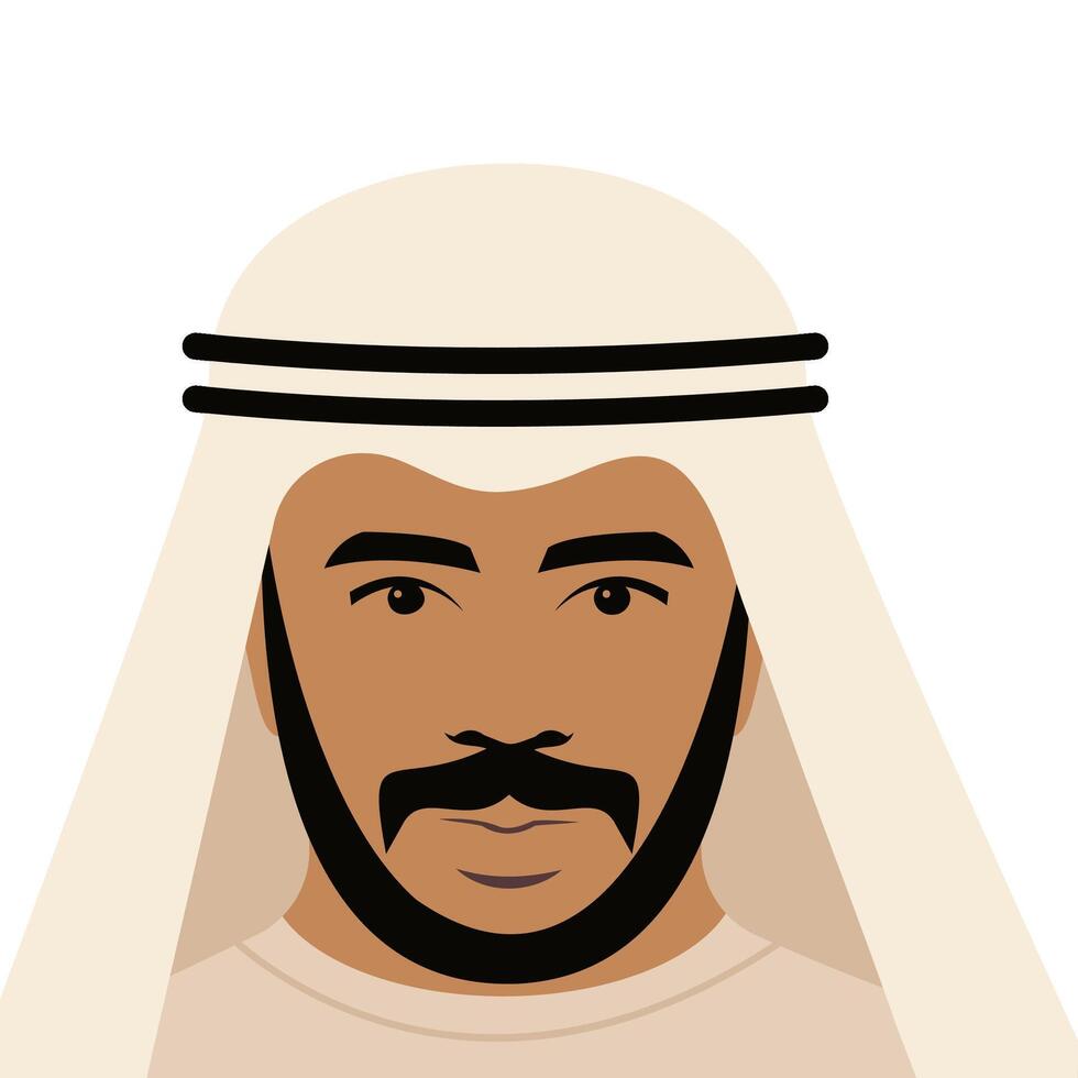 arabisch gut aussehend Mann Porträt mit Bart und Schnurrbart. tragen traditionell Kleidung und Kopfbedeckung. suchen selbst versicherte und zuversichtlich. Vorderseite Sicht. isoliert. vektor
