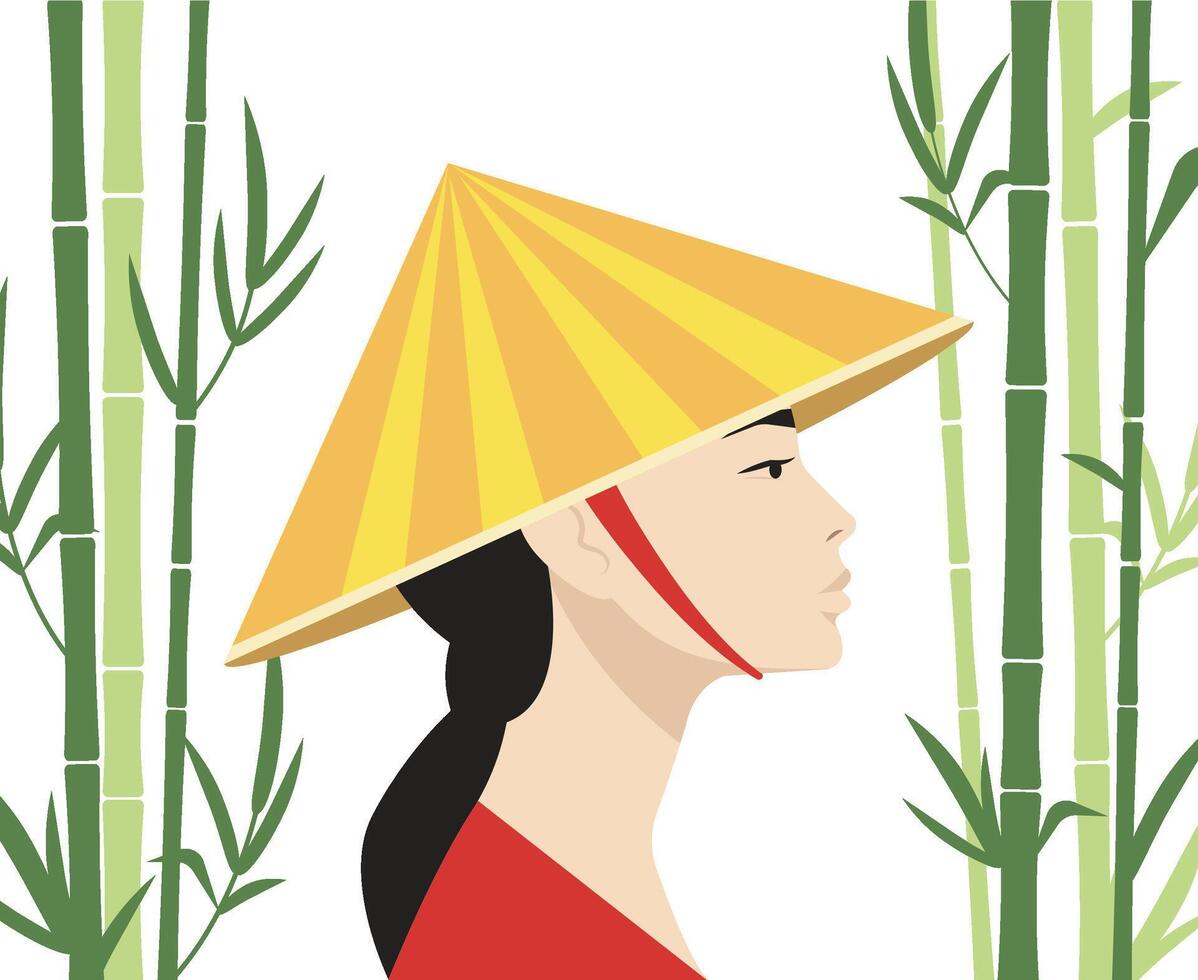 asiatisch Frau Profil Porträt. tragen traditionell Stil Hut. Grün Bambus Pflanzen Hain auf das Hintergrund. isoliert. vektor