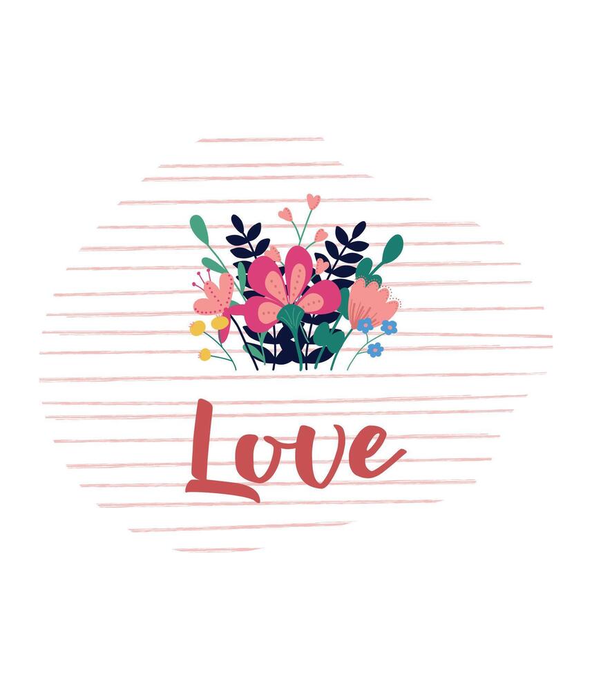 söt romantisk illustration med en bukett av vild med de inskrift kärlek på en ljus rosa bakgrund i Ränder. vektor. för kort, affischer, banderoller, grafik för mors dag, hjärtans dag vektor