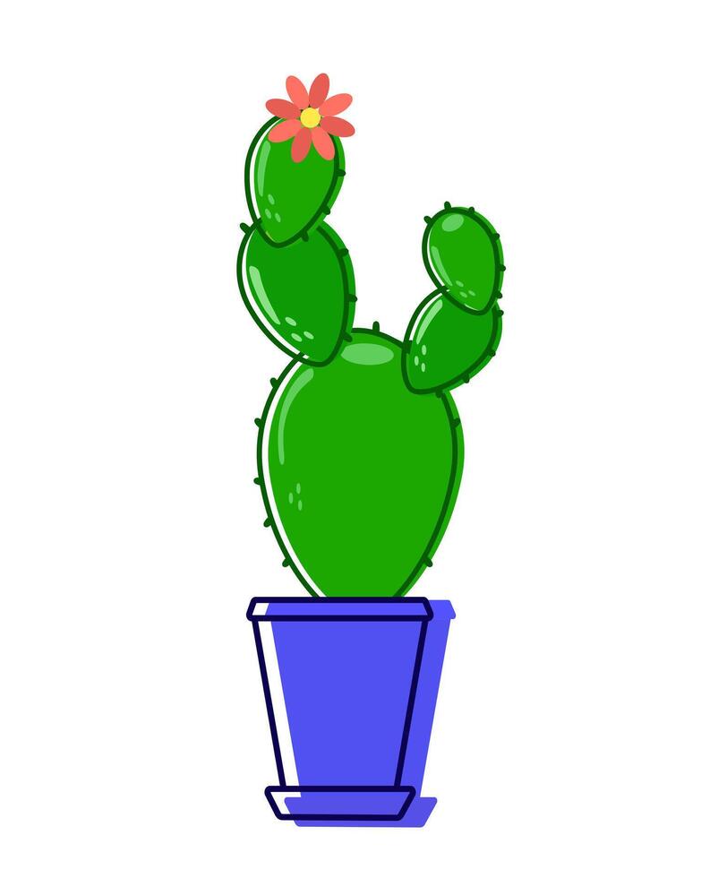 grön taggig kaktus i en blå pott blooms en röd blomma. hus växt med grön taggar står inuti en hus. vektor. vektor