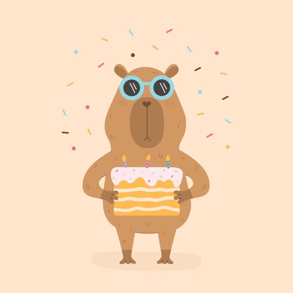 rolig capybara med födelsedag kaka vektor