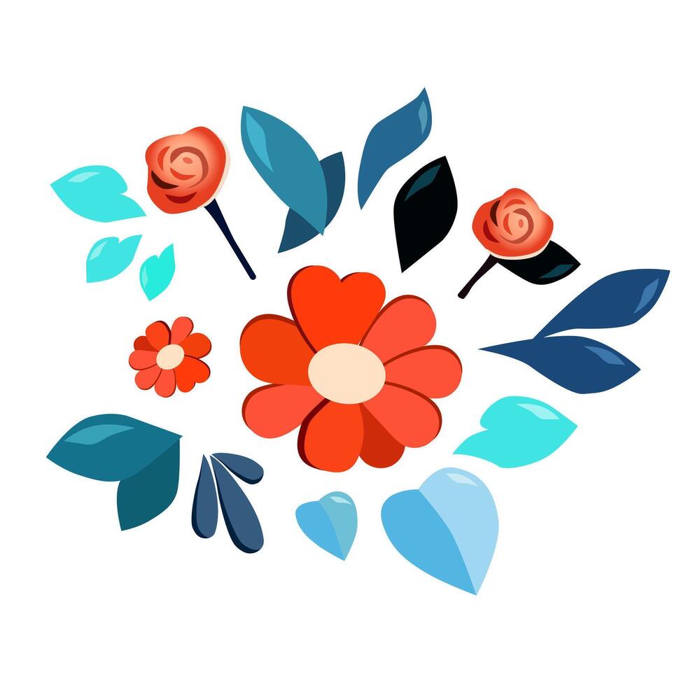 enkel vektor ritad för hand blommor och blad. röd blå växter i platt design. isolerat illustration för logotyp design, flygblad, baner, affisch, kalender, hälsning kort, scrapbooking, barn kläder, textil-