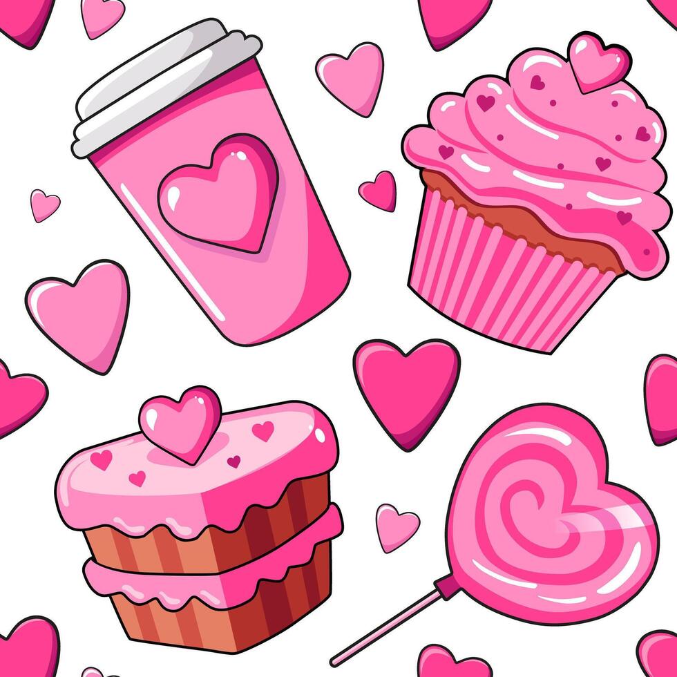sömlös vektor mönster med ritad för hand rosa kaffe, klubba, kaka och hjärtan. bakgrund förbi valentine dag. för scrapbooking, barn kläder, klänning och textil-