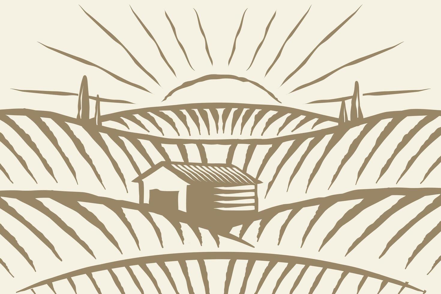 Hand gezeichnet landwirtschaftlich Landschaft im das Hügel mit Gravur Technik vektor