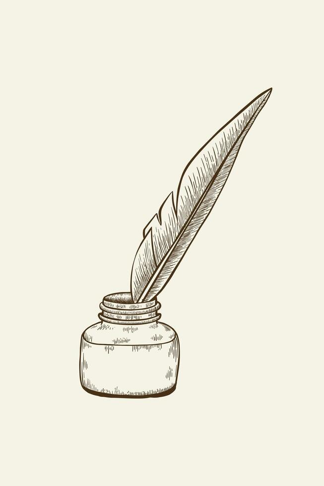 Illustration von Tintenfass tauchen Stift und Feder im Jahrgang graviert Stil. vektor