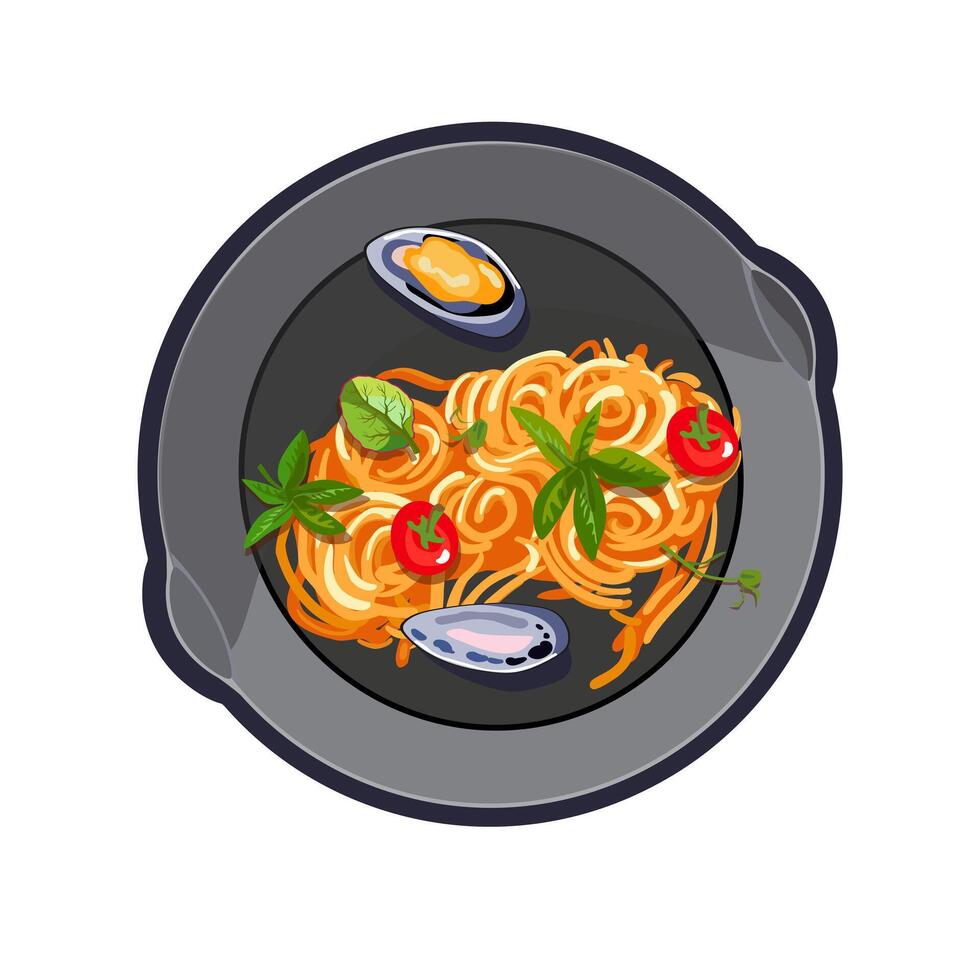 italiensk mat i en fräsning panorera. spaghetti med skaldjur. aptitlig friska mat. friska äter. vektor