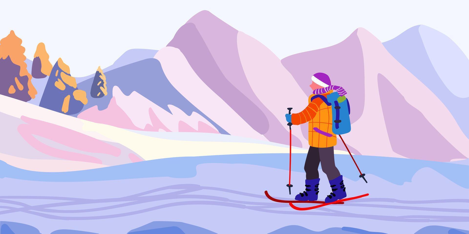 en man på en åka skidor resa. berg landskap med åka skidor spår. vinter- högtider och resa. minimalism. vektor