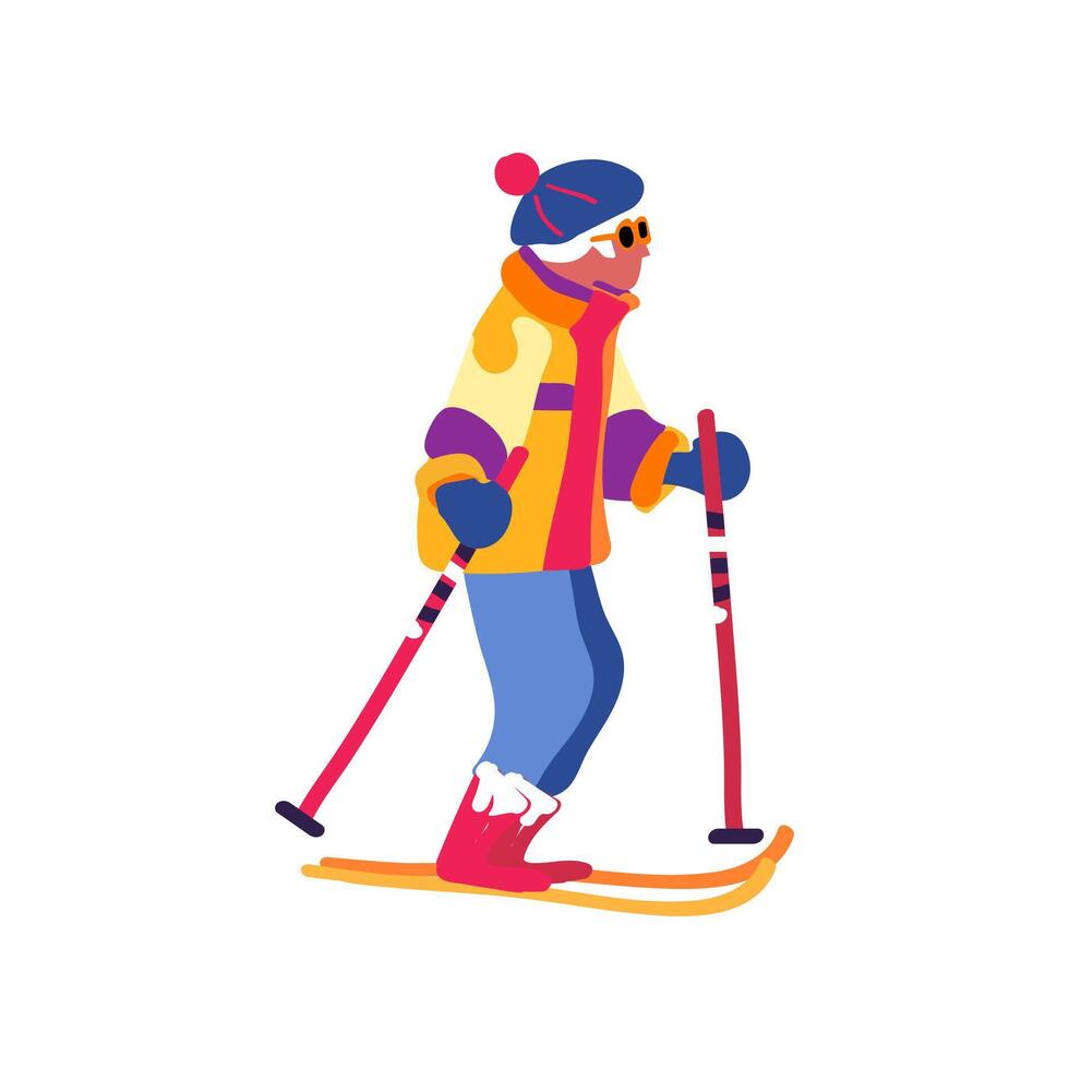 ein Erwachsene grau haarig Dame auf ein Ski Reise. Winter Ferien und Reise. Minimalismus. Vektor