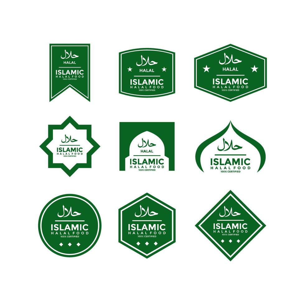 uppsättning av halal mat Produkter etiketter, märken och logotyp design. vektor halal tecken certifikat märka.