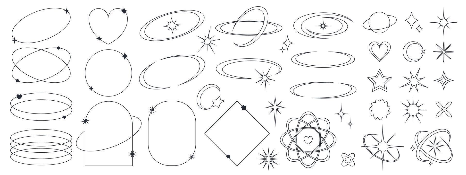 uppsättning av linje element i y2k stil. geometrisk former, linjär ramar med stjärnor. vektor illustration för social media, banderoller, affisch design.