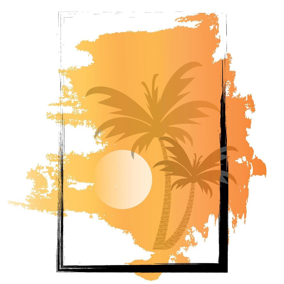 Palme Baum gegen das Hintergrund von Sonnenuntergang. tropisch Seelandschaft mit Rahmen Sonne. Vektor Illustration.
