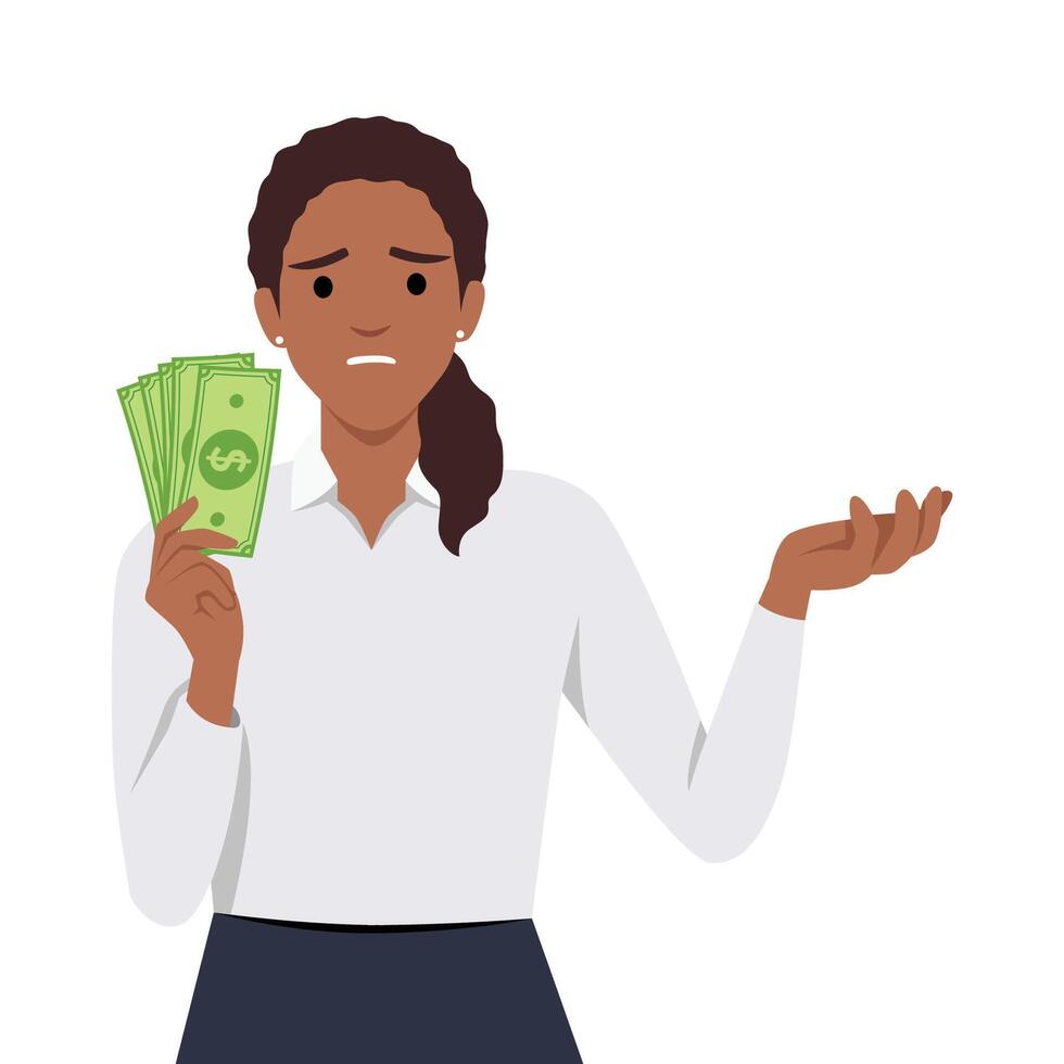 schwarz Frau halten Kasse Geld und verwirrt Denken. jung Frau träumend Über Zuhause Investition Reise Auto und Geld Speichern vektor