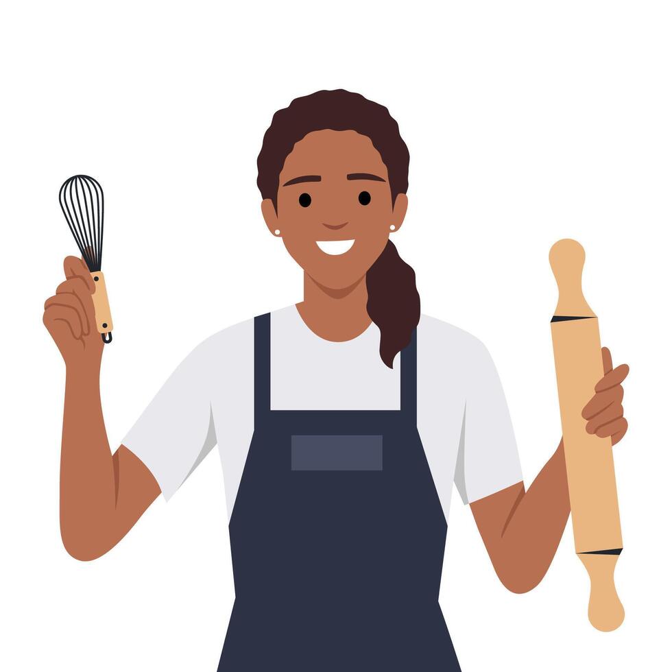 ein attraktiv jung schwarz Frau ist Herstellung Kuchen im ein gemütlich Küche vektor
