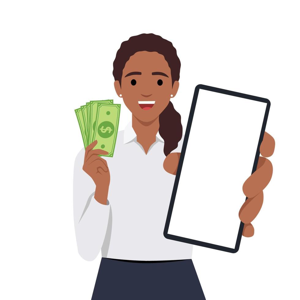 företag kvinna innehav smartphone och dollar. som visar tom skärm telefon för kopia Plats vektor