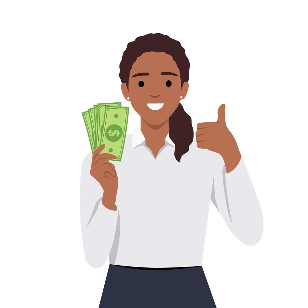 Illustration mit ein schwarz Geschäftsfrau halten ein Paar von Papier Rechnungen und tun ein Daumen oben vektor
