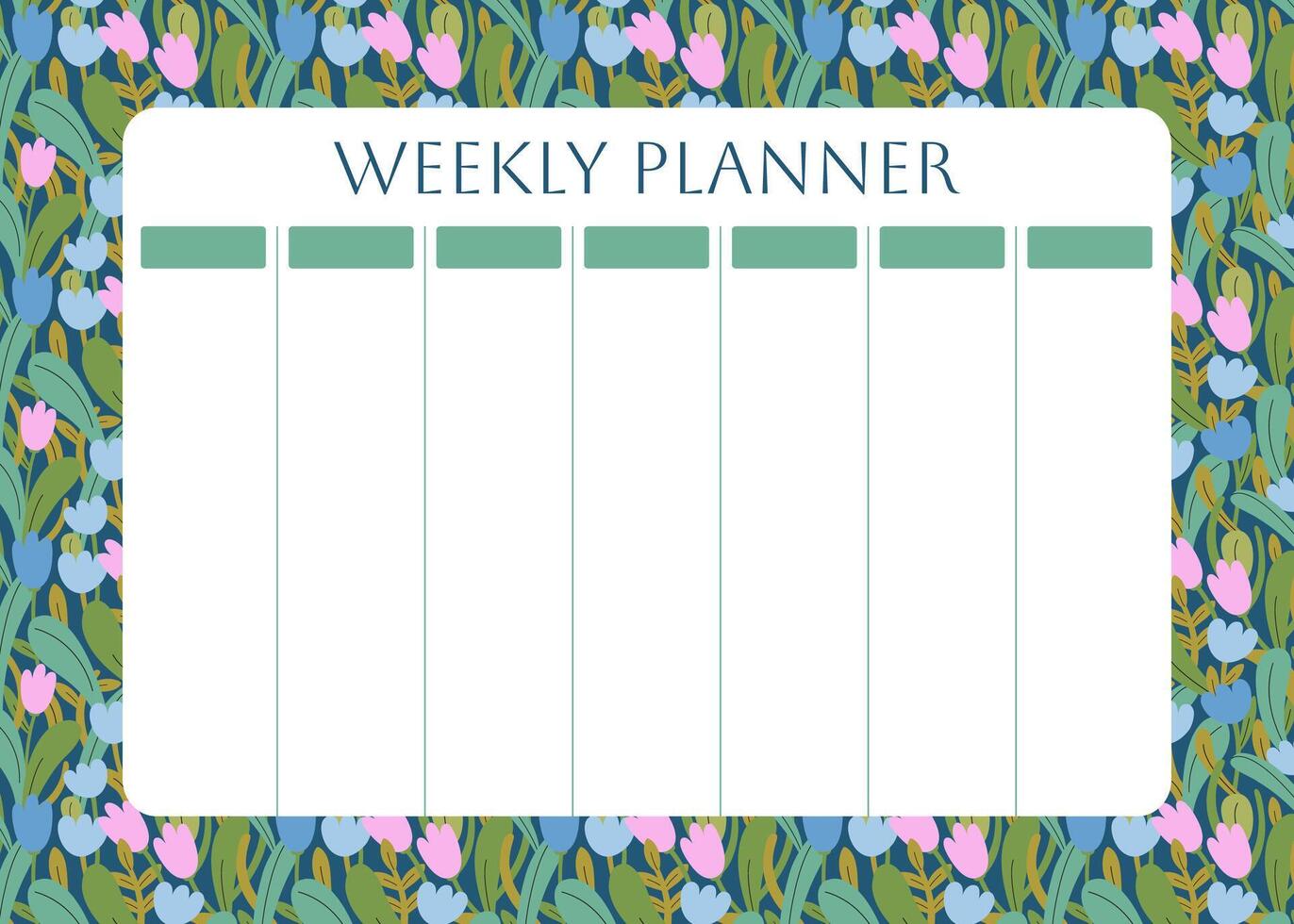 varje vecka planerare med blommig mönster. vår blommor och löv, tulpaner på mörk bakgrund för anteckningar. söt skola planerare är för 7 dagar. barn schema design mall. vektor platt illustration.