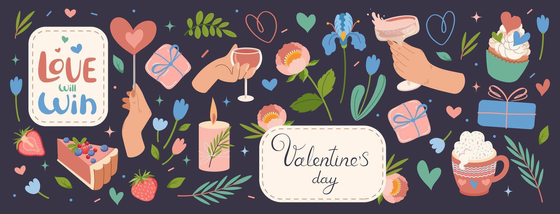 Valentinstag Tag dekorativ Elemente groß Satz. Bohemien romantisch Muster glücklich Valentinstag Tag. Hand gezeichnet einstellen von Blumen, Herzen, Geschenke, Cupcake, Gläser, Beere. Beschriftung Phrasen. Vektor Illustration.