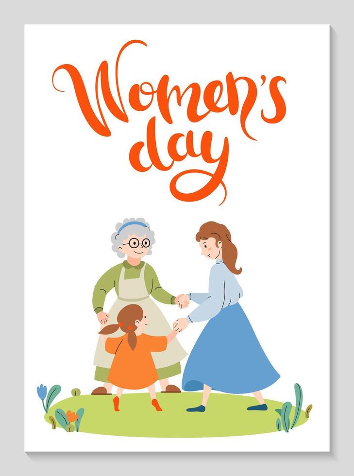 International Damen Tag Vertikale Poster. drei Generationen von Frauen Tanzen zusammen. glücklich Familie Frauen Oma, Mutter, Tochter. Frühling Stimmung. Hintergrund zum Netz. Vektor eben Illustration.