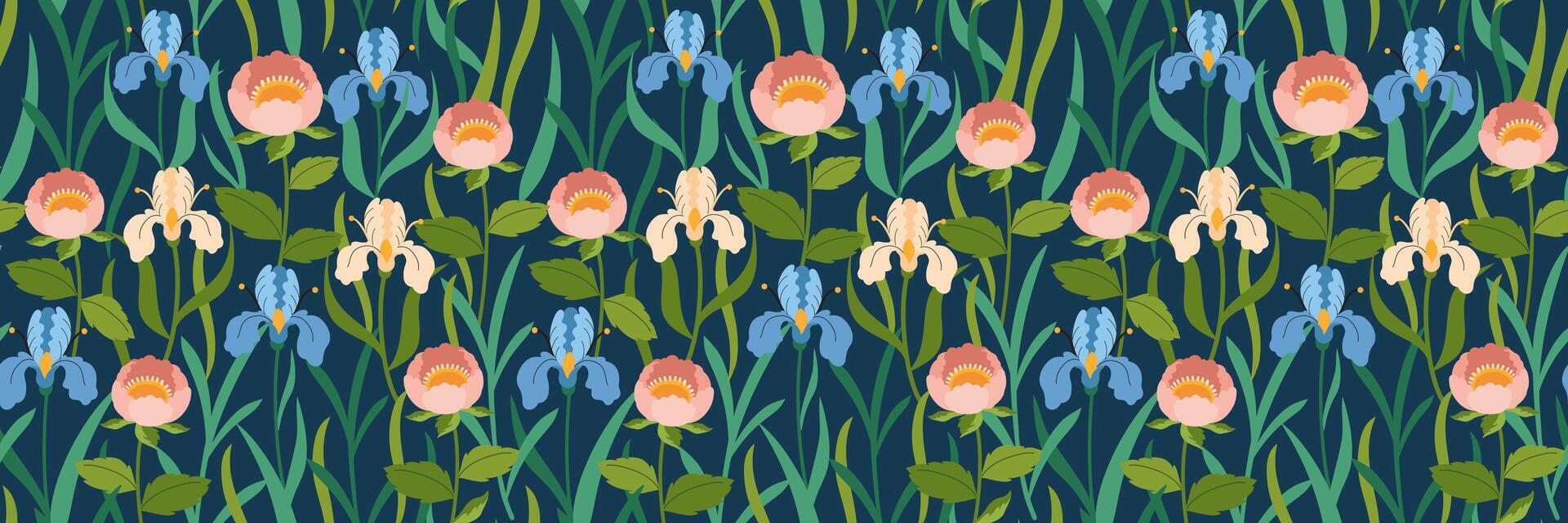 mode blommig mönster. iris och Övrig vår blommor och löv på mörk bakgrund. blommig skriva ut. trendig botanisk konst för din design, kläder, omslag papper, förpackning. vektor platt illustration