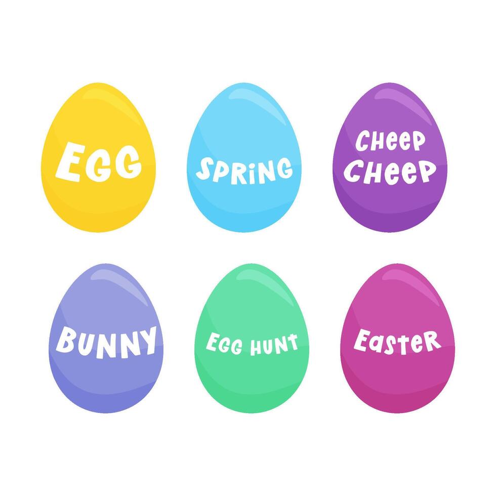 einstellen von farbig Ostern Eier mit Beschriftung. Karikatur Vektor Illustration