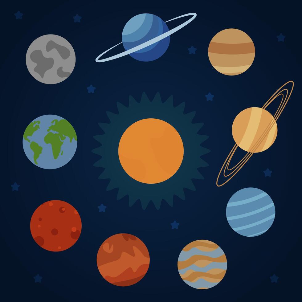 Vektor Illustration von Planeten auf ein Blau Hintergrund. Quecksilber, Venus und Erde, Mars. Jupiter und Saturn, Uranus und Neptun, Pluto, das Sonne und das Mond.