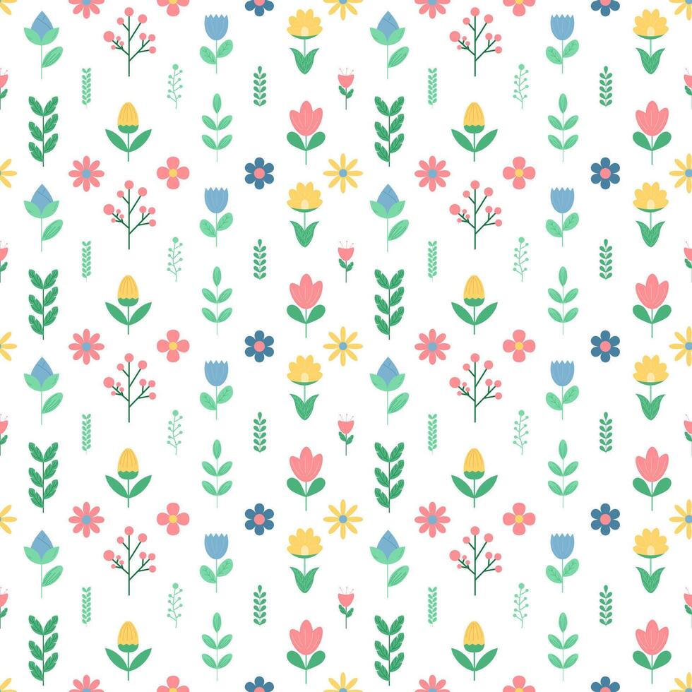 sömlös mönster av vår eller sommar blommor och löv. vektor i platt tecknad serie stil.