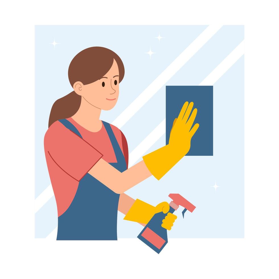 ein glücklich Frau ist Waschen ein Fenster. Frühling Reinigung von das Haus . Vektor Illustration auf ein Weiß Hintergrund. das Konzept von Fachmann Reinigung beim Zuhause oder Büro.