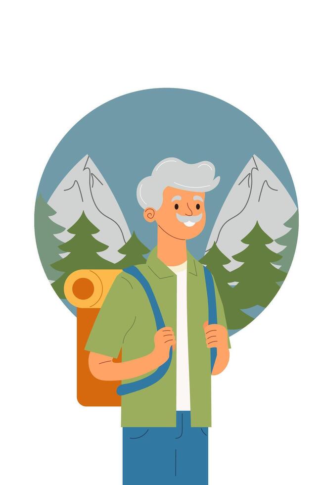 ein Glücklich, aktiv Alten Mann ist gehen Camping. eben Vektor Illustration von ein isoliert Person auf ein Weiß Hintergrund. Reise und Tourismus.